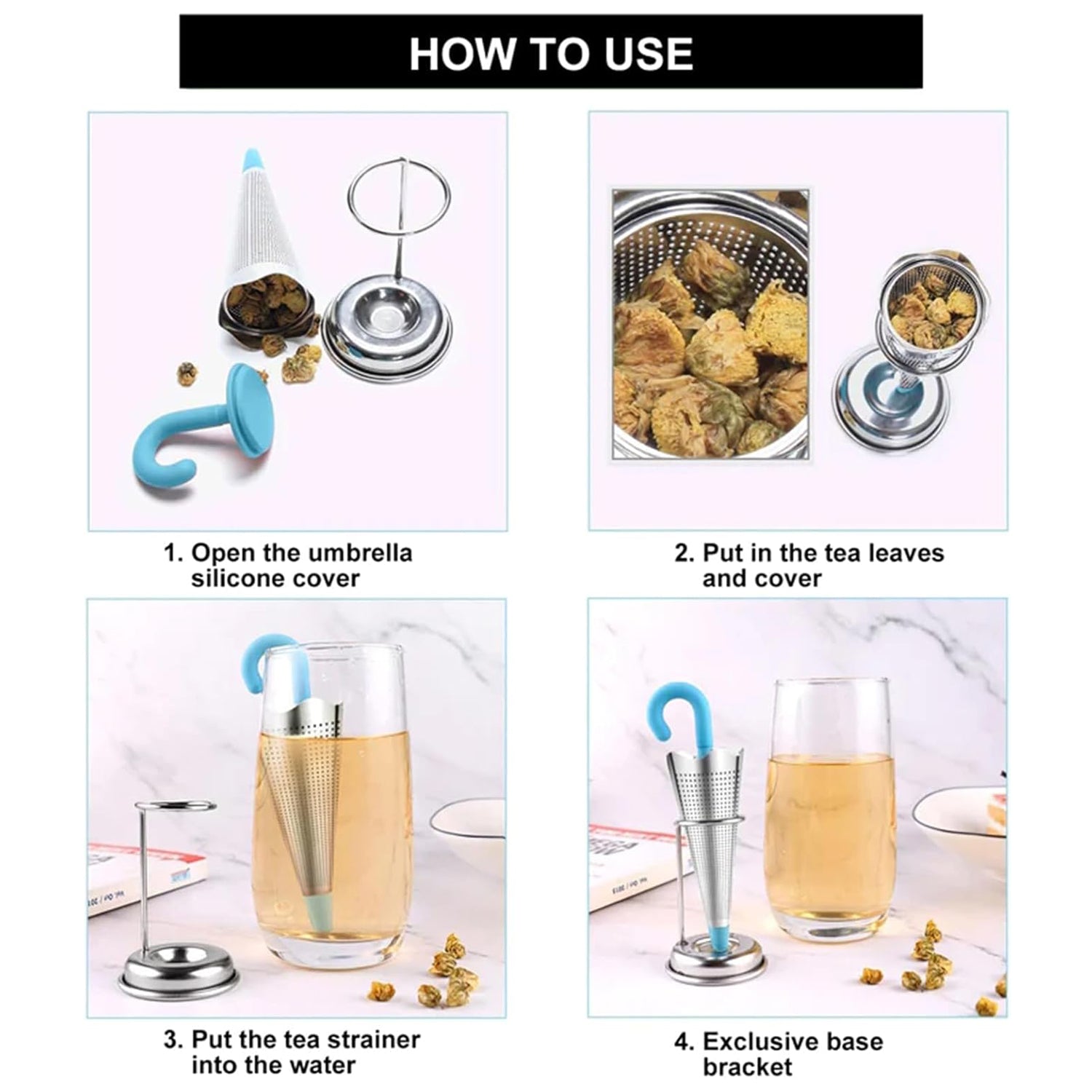 Reusable Cute Umbrella Tea Strainer With Tray  Stand (1 Pc) Reusable Cute Umbrella Tea Strainer With Tray  Stand (1 Pc)